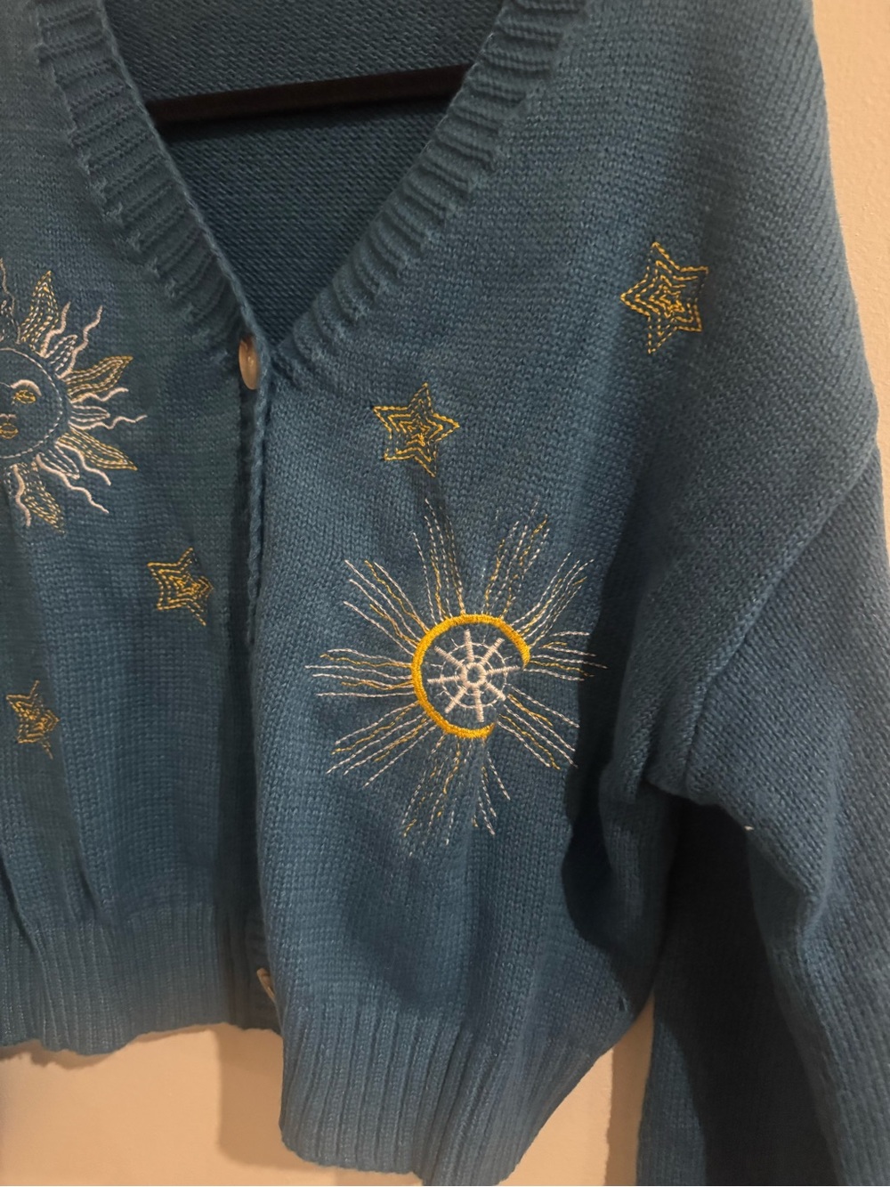 Embroidered Teal V-Neck Button Cardigan Sweater - Picture 2 of 7